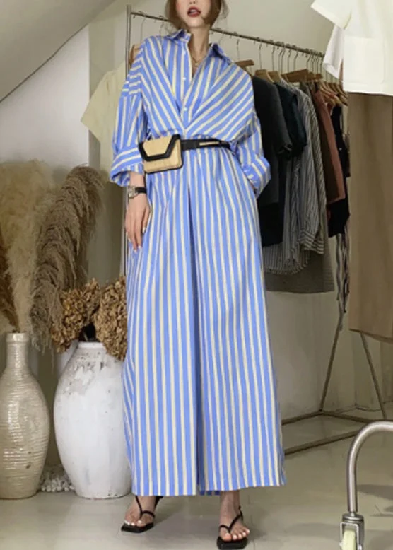 Flirty Silk Long Sleeves DressHandmade Blue Striped Button Long Shirts Dresses Long Sleeve