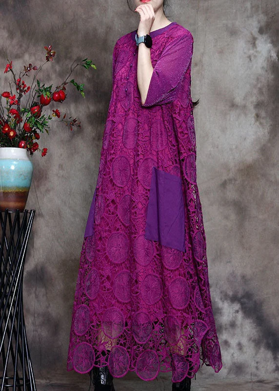 Fresh Floral Long Sleeves DressPlus Size Purple Lace Pockets side open Fall Long sleeve Dresses