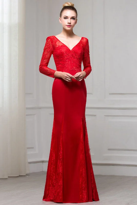 Fashionable Long Sleeves DressRed Long Sleeves V-Neck Mermaid Floor Length Evening Dresses with Lace N2330