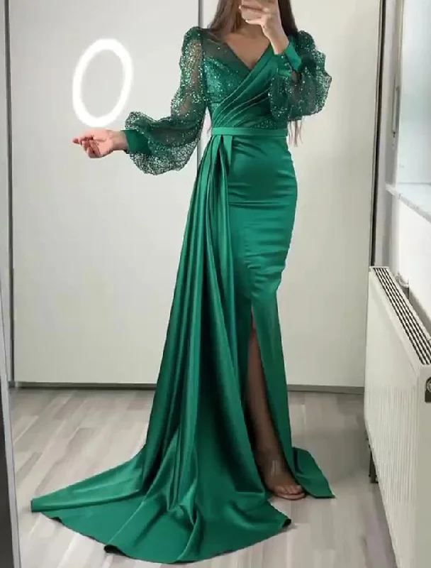 high-low party dressesDark Green Mermaid V Neck Satin Evening Dress Long Sleeves Y6109