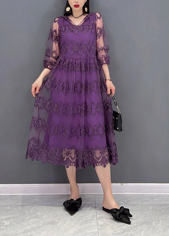 Flowery Long Sleeves DressModern Purple V Neck Embroideried Floral Lace Patchwork Hooded Dress Long Sleeve