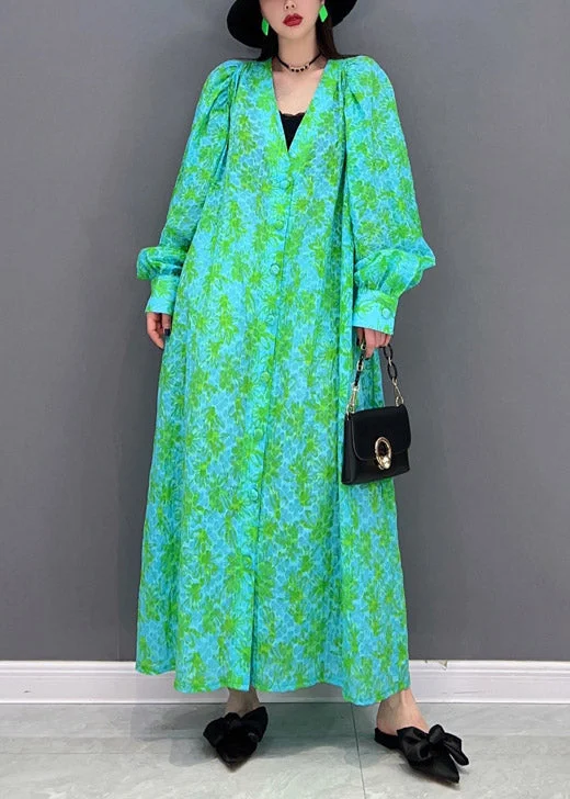 Funky Long Sleeves Jumpsuit DressPlus Size Green V Neck Print Button Shirt Dress Long Sleeve