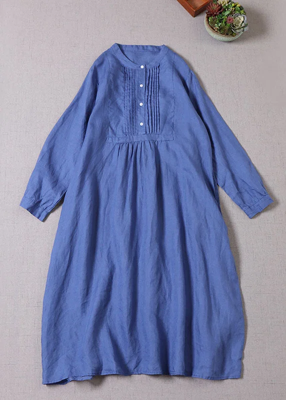 Fashionable Long Sleeves DressBohemian Blue Button wrinkled Linen Dresses Long Sleeve