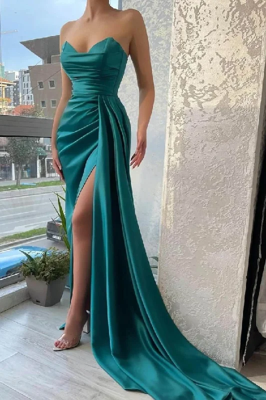 spaghetti-strap party dressesHigh Side Slit Strapless Evening Dresses, Latest Long Prom Dresses, Sexy Party Dresses with Streamer Y5353