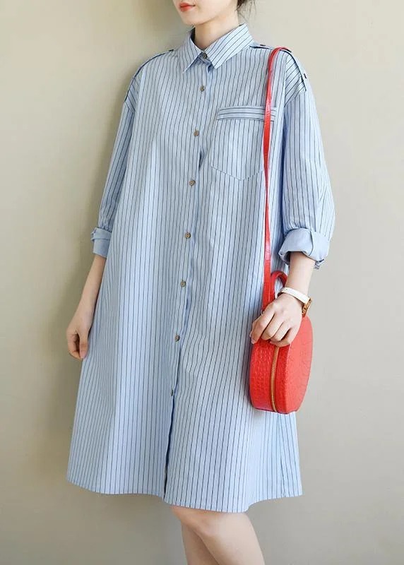 Fresh Long Sleeves DressCasual Blue Striped Cotton Long sleeve Spring Dresses