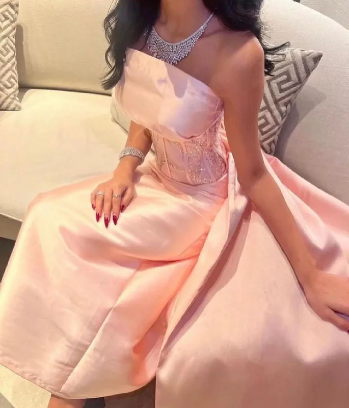 spring party dressesBaby Pink Satin Strapless Saudi Arabia Corset Sparkly Sequins Dubai  Evening Dress Formal Party Dress Y4887