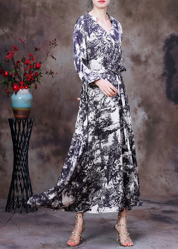 Fitted Floral Long Sleeves DressElegant White V Neck Asymmetrical Design Tie Dye Silk Dress Long Sleeve