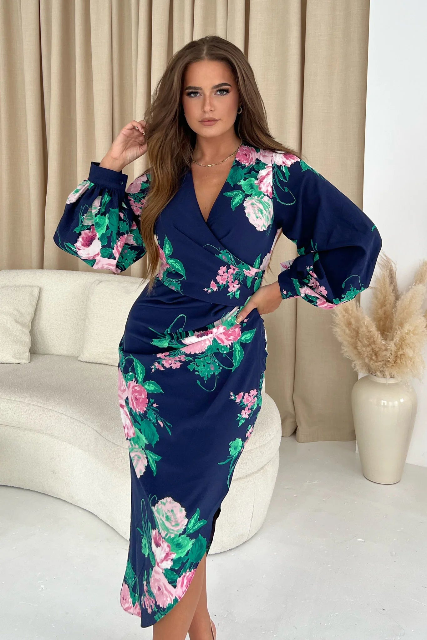 Formal Velvet Long Sleeves DressAlexa Navy Pink Floral Asymmetric Long Sleeve Dress