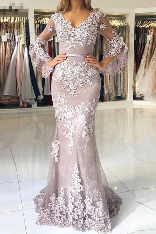 Flowery Print Long Sleeves DressCharming V-Neck Mermaid Lace Appliques Long Sleeves Evening Dresses N2025