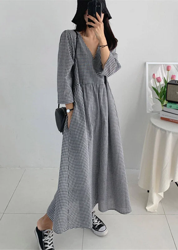 Flowing Long Sleeves Ruffle DressOrganic V Neck Wrinkled Pockets Plaid Cotton Dresses Long Sleeve