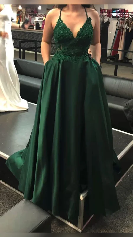 homecoming party dressesDark Green V Neck A-line Evening Dress With Pockets Y5738