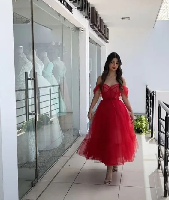 affordable luxury party dressesRed A-line Tulle Prom Dress,Red Birthday Party Dress Y6279