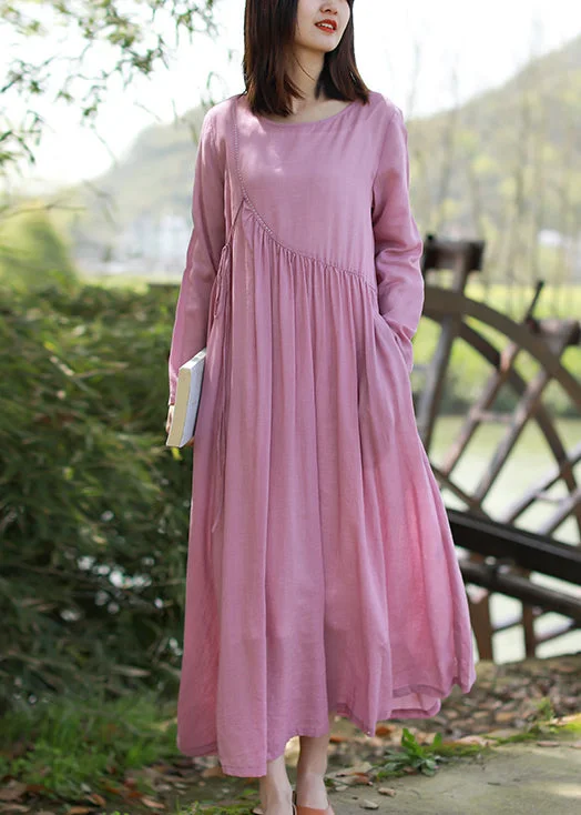 Fitted Long Sleeves Midi DressBrief Pink O-Neck tie waist wrinkled Linen Dresses Long Sleeve