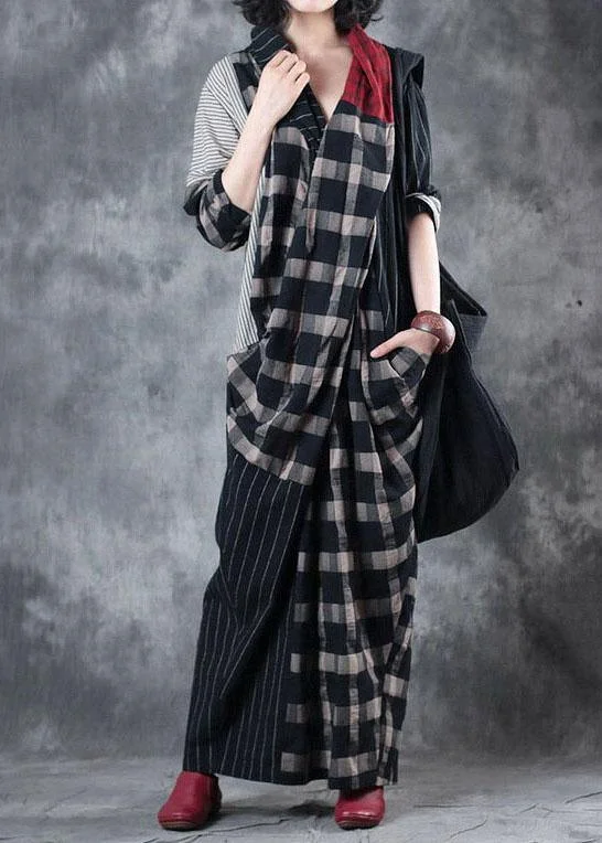 Fabulous Formal Long Sleeves DressClassy Colorblock Plaid V Neck Pockets Holiday Dress Fall Long Sleeve