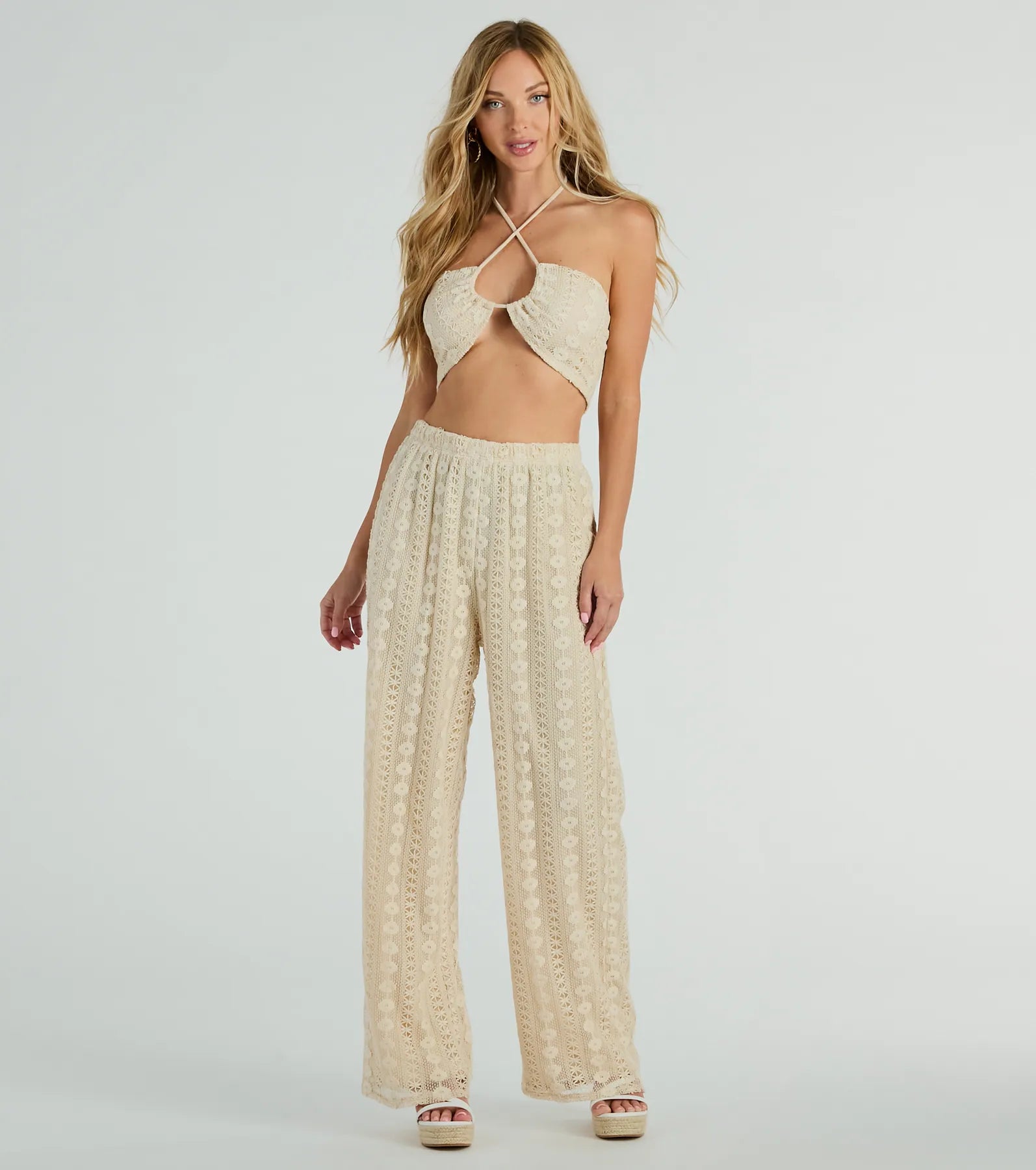 women's insulated pantsSunshine Livin' High Rise Palazzo Crochet Pants