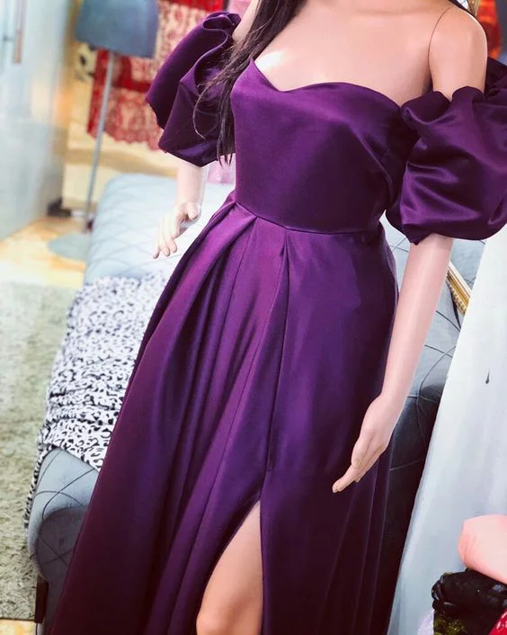 curve-hugging party dressesPurple A-line Puffy Sleeves Evening Dress  Y5769