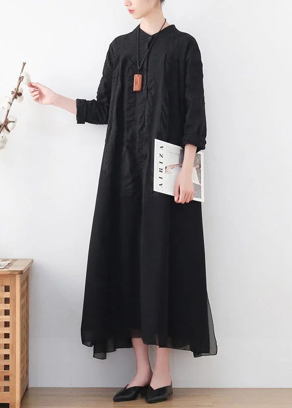 Fabulous Silk Long Sleeves DressModern Black Stand Collar Wrinkled Patchwork Shirt Dresses Long Sleeve