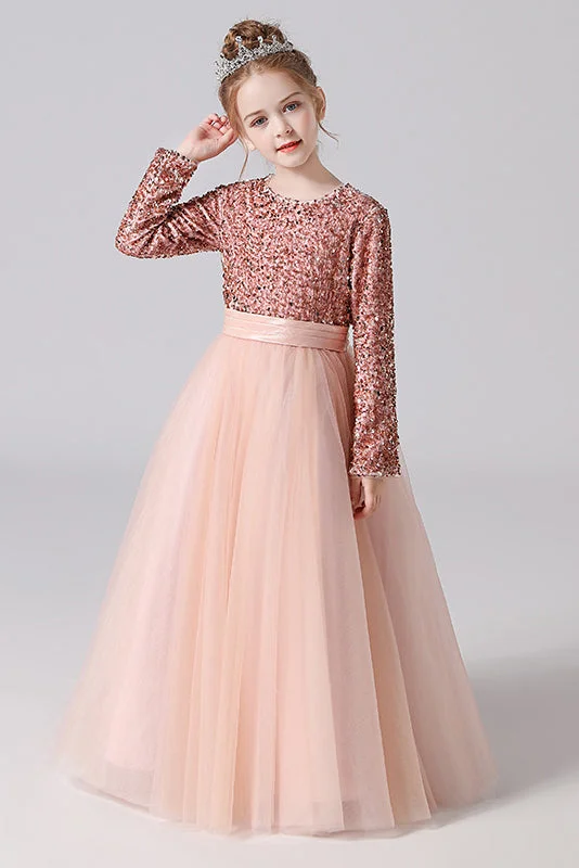 Funky Fashion Long Sleeves DressLong Sleeve Sequins Floor Length Tulle Flower Girl Dresses