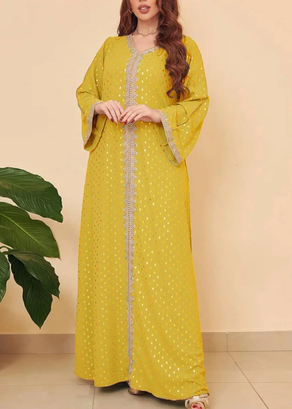 Formal Elegant Long Sleeves DressSimple Yellow Dot Lace Patchwork Silk Dress Long Sleeve