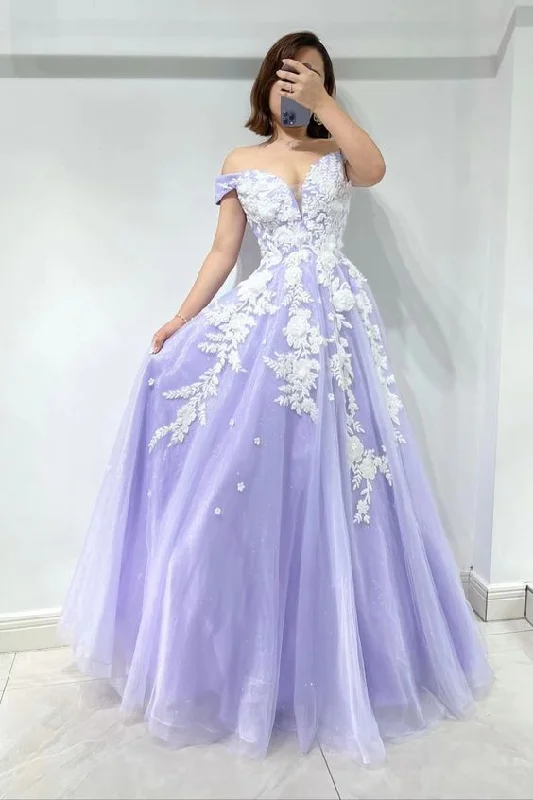 midi party dressesAmazing Lilac Sweetheart Off-The-Shoulder Tulle Evening Dress With Appliques Y5842