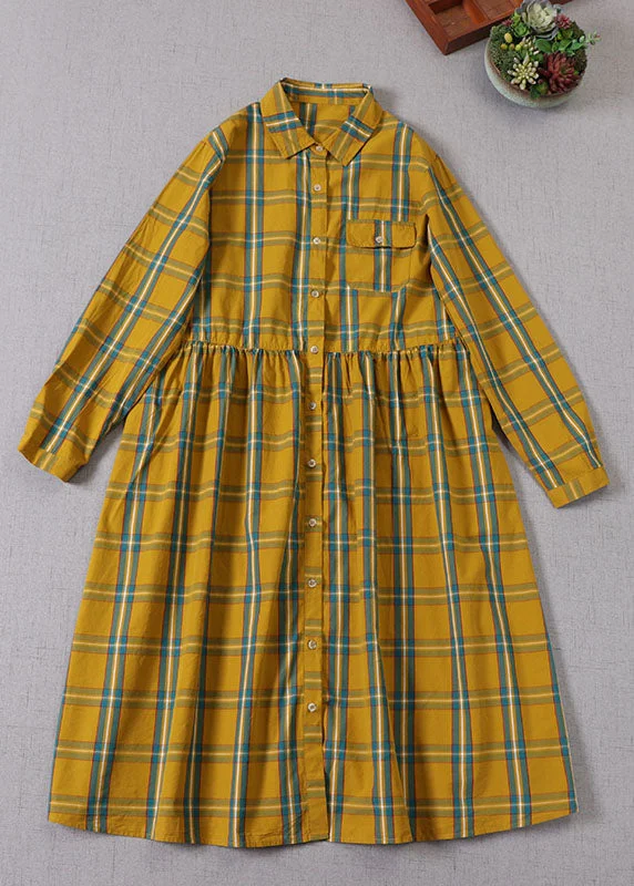 Fabulous Long Sleeves Babydoll DressBoho Yellow Green Plaid Peter Pan Collar Button Cotton Holiday Dress Long Sleeve