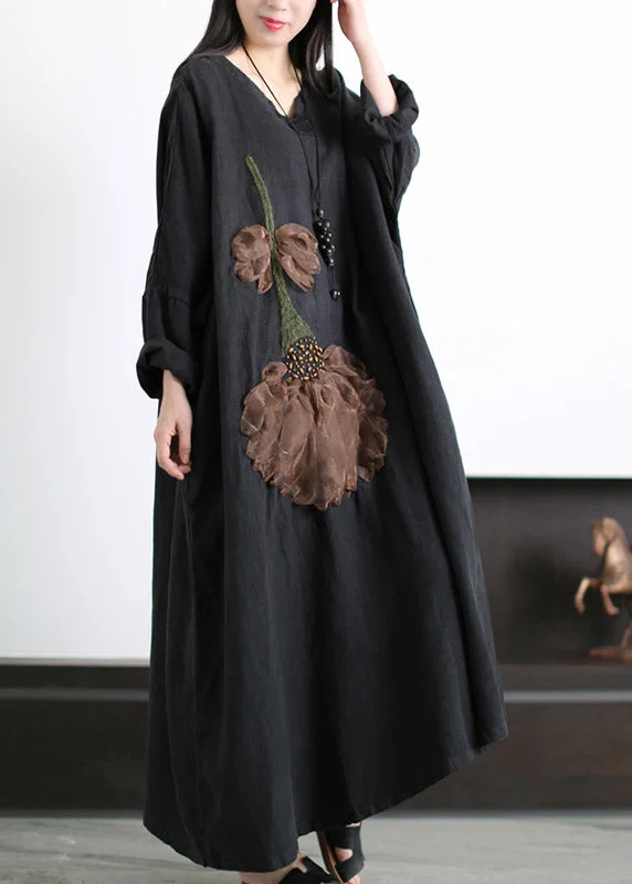 Flexible Long Sleeves Chiffon DressPlus Size Black V Neck Embroideried Floral Linen Dress Long Sleeve