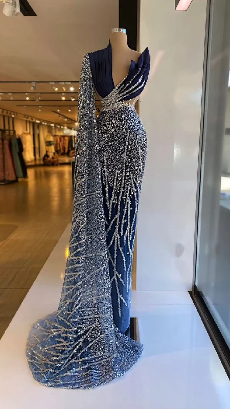 off-the-shoulder party dressesNavy Blue One Shoulder Evening Dresses V Neck Prom Gowns Custom Made Sequin Sparkly Formal Party Dresses Y4936