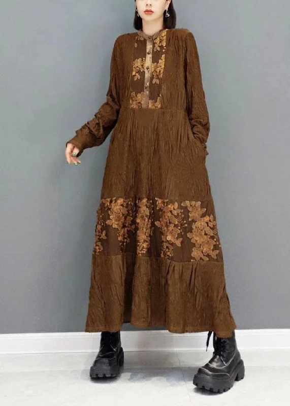 Flowing Long Sleeves DressFashion Brown O-Neck Button Embroideried Ankle Dress Fall Long Sleeve