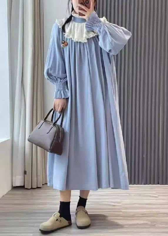 Fashionable Long Sleeves DressBlue Pockets Cotton Dress Peter Pan Collar Long Sleeve