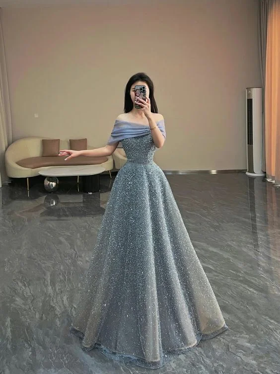 tulle party dressesLuxurious Off The Shoulder A-line Evening Dress,18th Birthday Party Gown Y6038