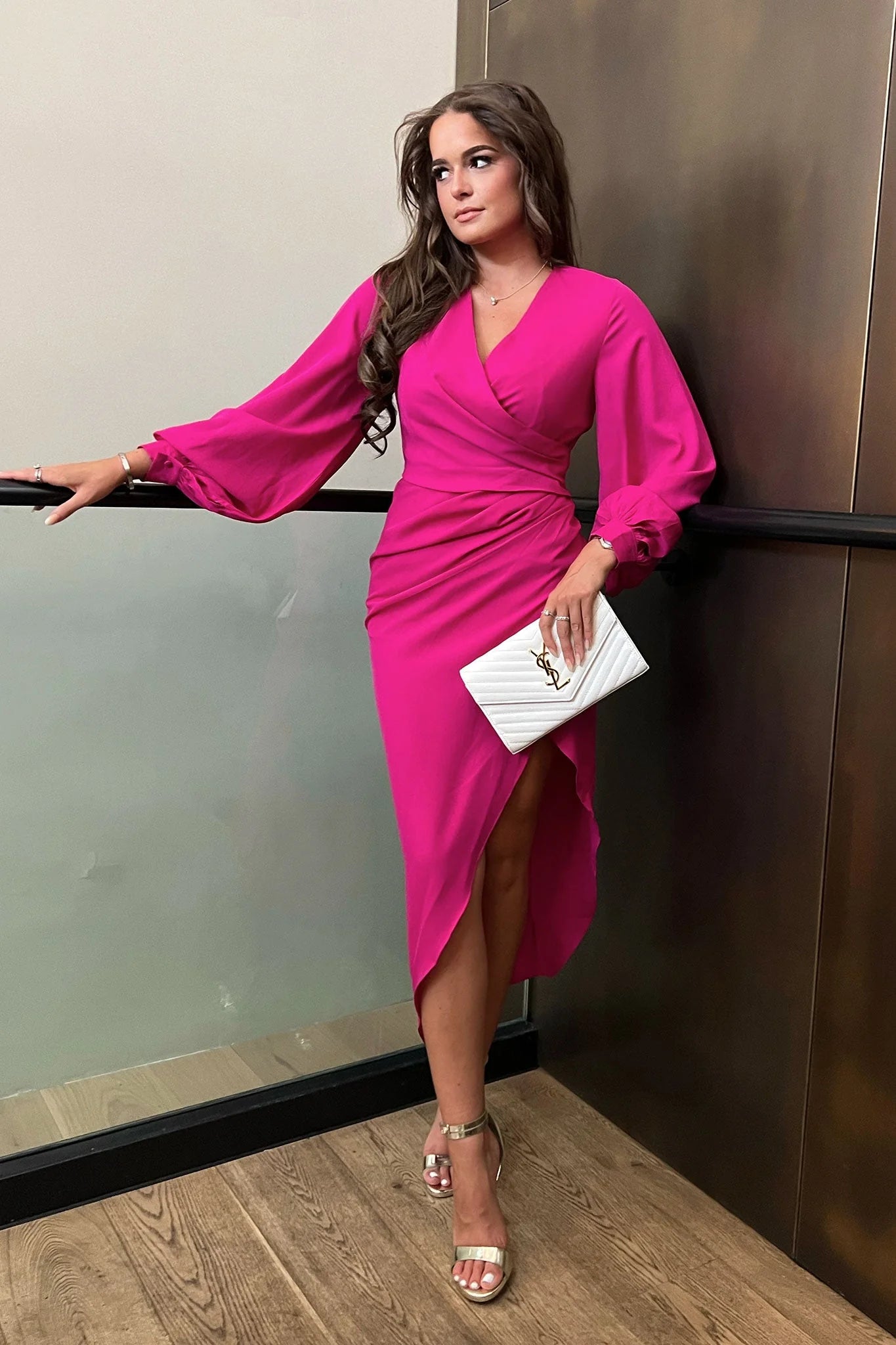 Flexible Cotton Long Sleeves DressAlexa Magenta Pink Asymmetric Long Sleeve Dress