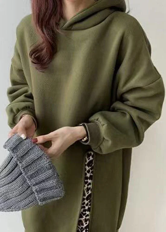 Formal Long Sleeves Evening DressLoose Green Hooded Patchwork Leopard False Two Pieces Warm Fleece Dress Long Sleeve