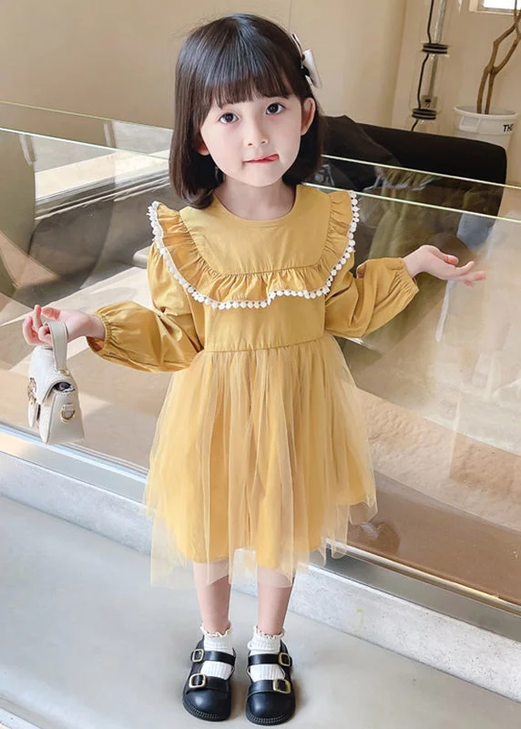 Flexible Long Sleeves Chiffon DressYellow Button Tulle Patchwork Cotton Kids Girls Dress Long Sleeve