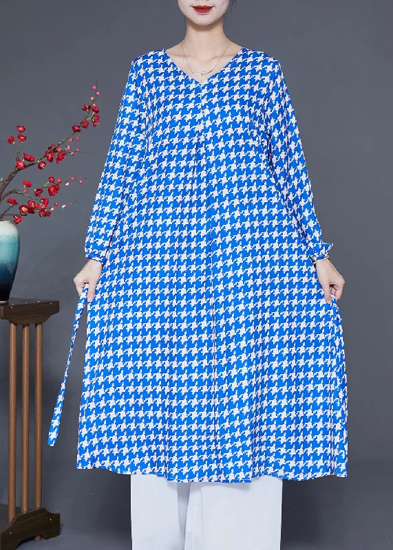 Flowy Long Sleeves DressBoutique Blue V Neck Plaid Silk Holiday Dress Long Sleeve