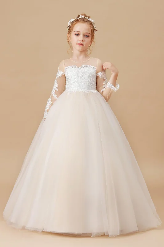 Fitted Floral Long Sleeves DressFloor Length Long Sleeves Lace Tulle Satin Flower Girl Dresses