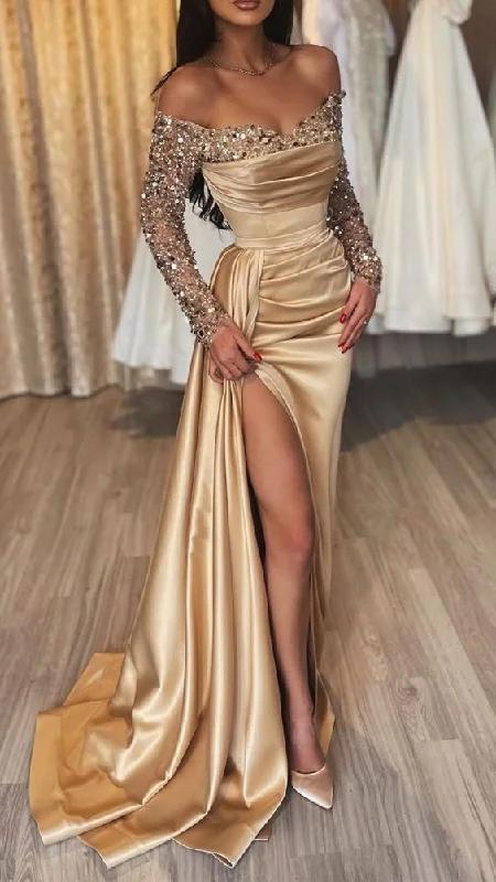 silk party dressesGlitter Sequin Embellished With Train And High Slit Formal Evening Party Prom Dress Y6940