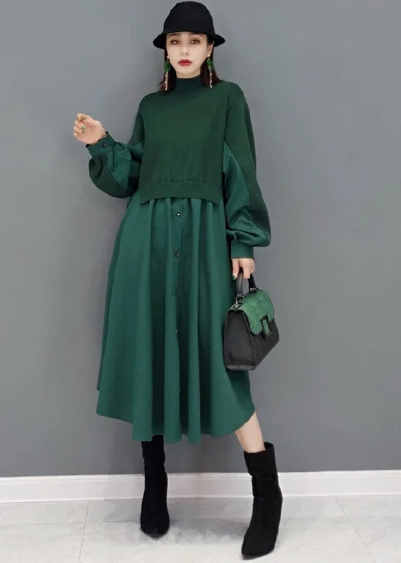 Fitted Long Sleeves Midi DressWomen Green Stand Collar Patchwork Knit Cotton Shirt Dress Long Sleeve