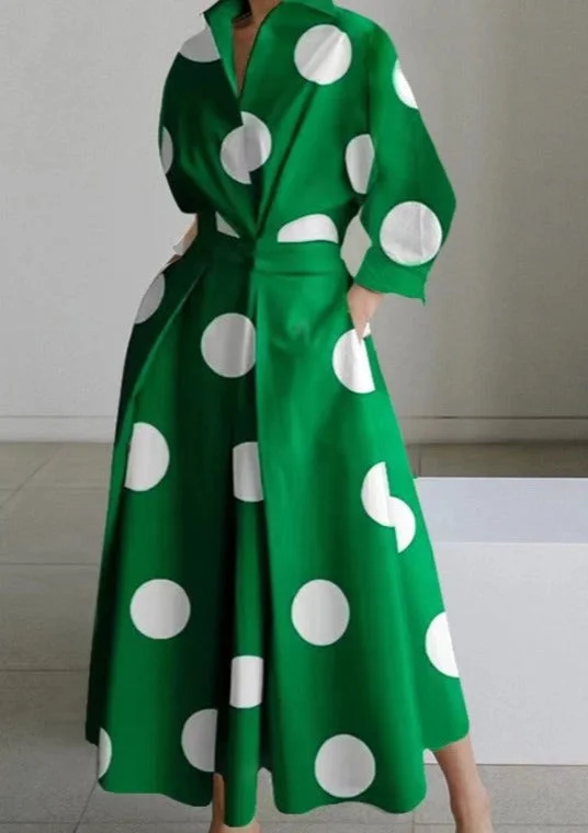 Flirty Long Sleeves Dress2024 Green dot Peter Pan Collar Pockets Cotton Dress Long Sleeve