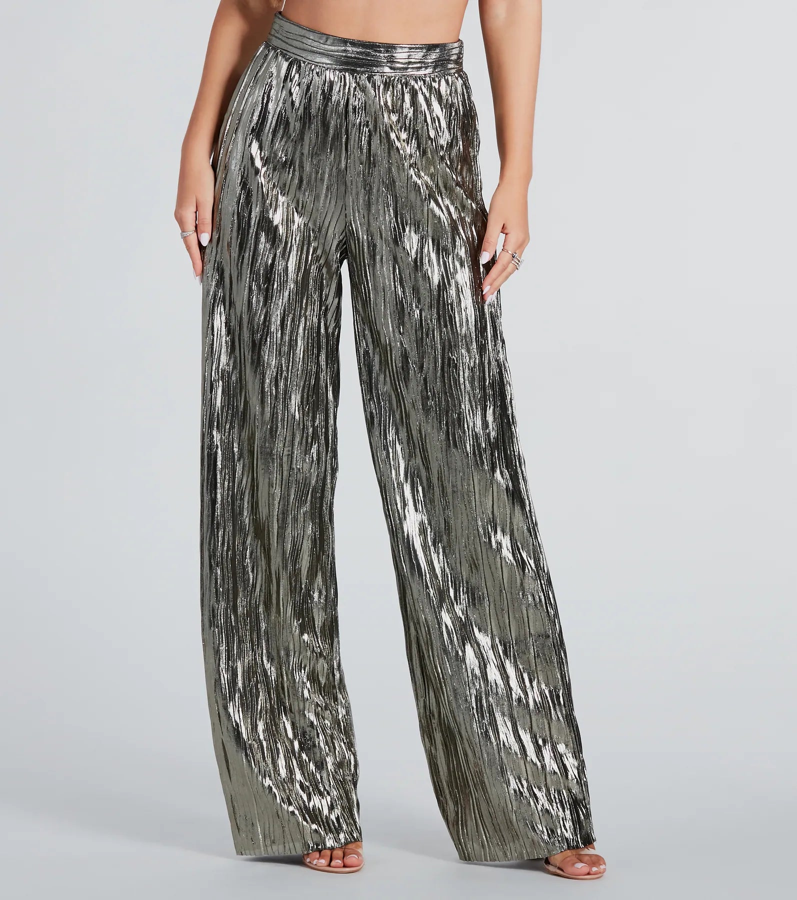 women's travel pantsDare To Impress Metallic Plisse Wide-Leg Pants