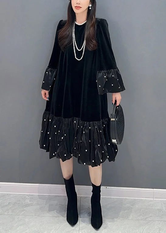 Formal Long Sleeves DressBlack Zircon Patchwork Silk Velvet Dress O Neck Long Sleeve