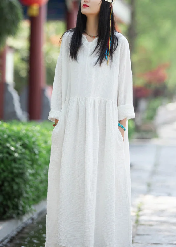 Flowy Long Sleeves DressSimple White V Neck Pockets Patchwork Cotton Dress Long Sleeve