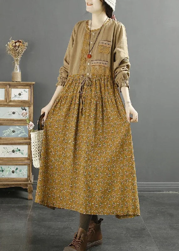 Fabulous Floral Long Sleeves DressBoutique Yellow Print Drawstring Patchwork Cotton Dress Long Sleeve