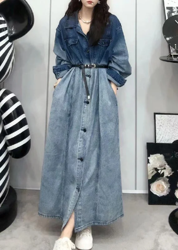 Fuzzy Long Sleeves DressFrench Gradient Color Button Pockets Denim Shirts Dresses Long Sleeve