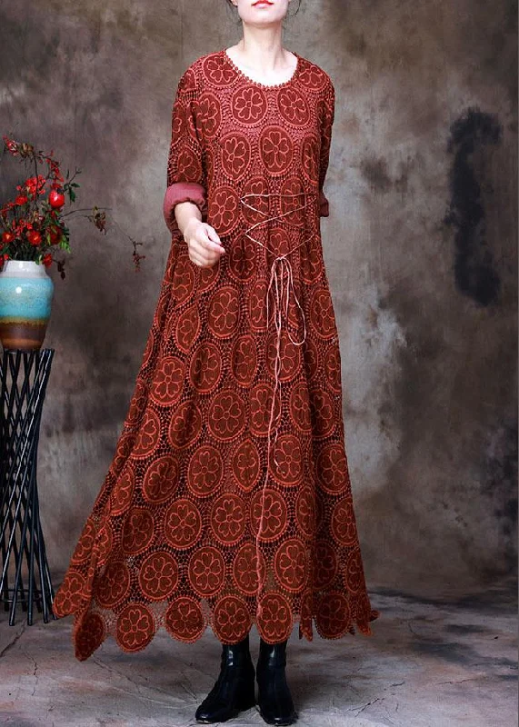 Formal Elegant Long Sleeves DressVintage Orange Embroideried asymmetrical design Fall Dress Long sleeve