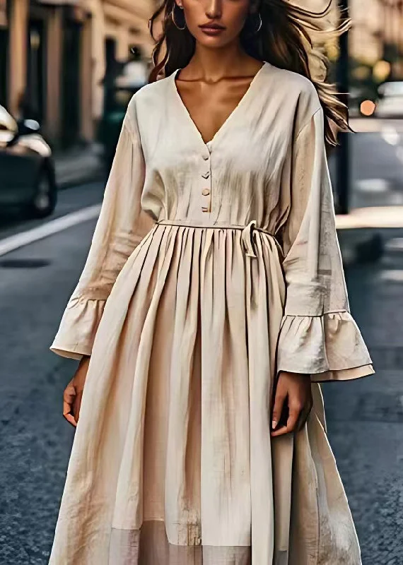 Flirty Long Sleeves Cold-Shoulder DressLoose Beige V Neck Wrinkled Patchwork Linen Dresses Long Sleeve