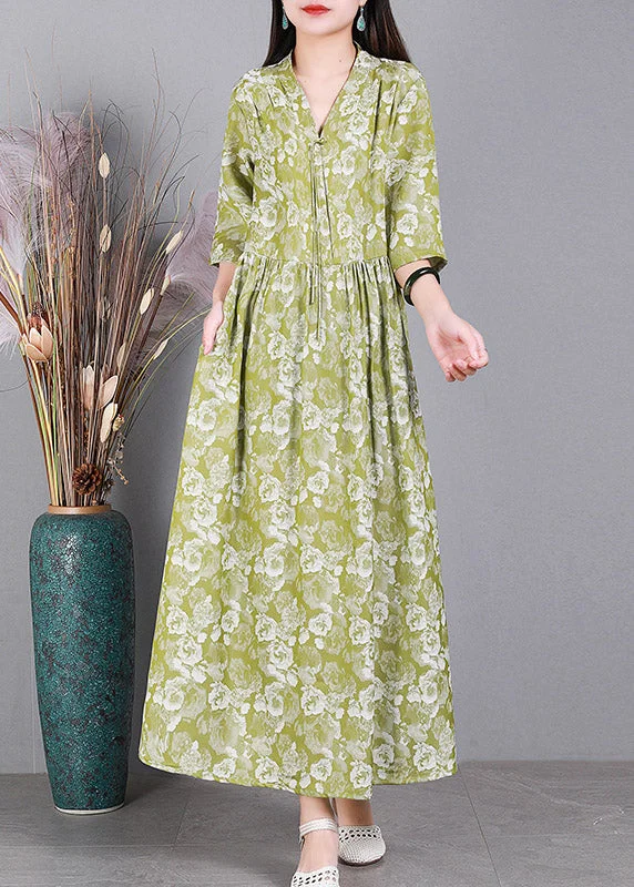 Formal Long Sleeves Bodycon DressStyle Green V Neck Print Button Silk Dress Long Sleeve