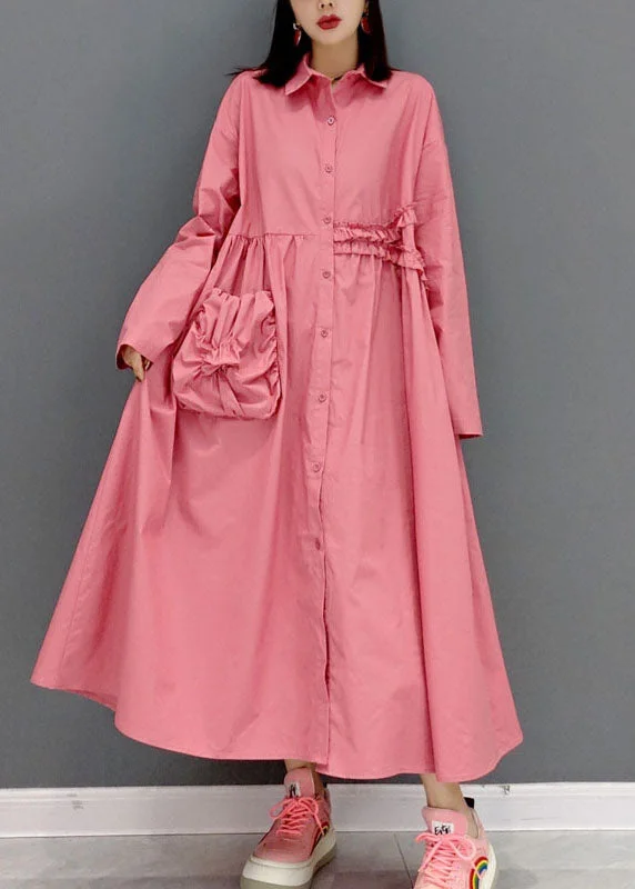 Fitted Long Sleeves Peplum Midi DressModern Pink Peter Pan Collar wrinkled shirt Dress Long Sleeve