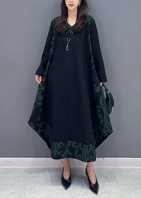 Fancy Long Sleeves Wedding Guest DressClassy Black Asymmetrical Print Patchwork Cotton Dresses Long Sleeve