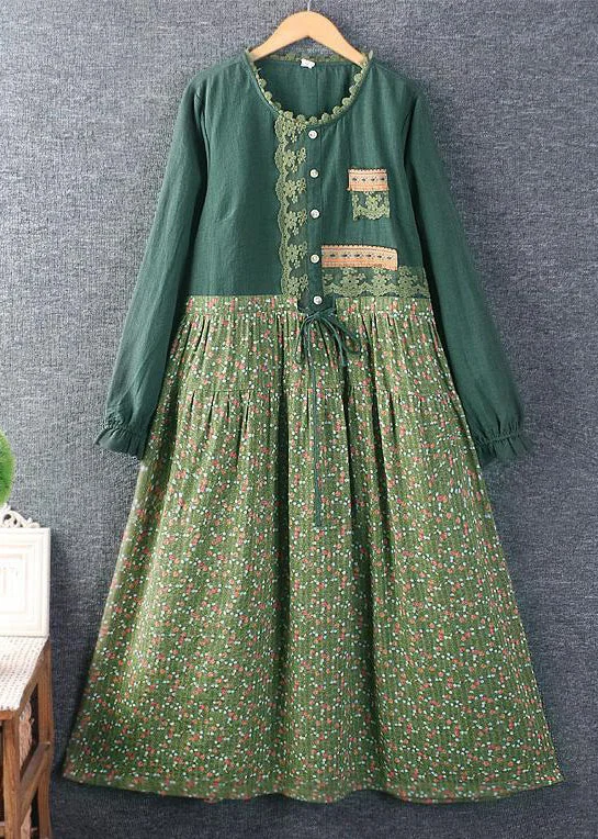 Fresh Long Sleeves DressNew Green Print Tie Waist Patchwork Cotton Dress Long Sleeve