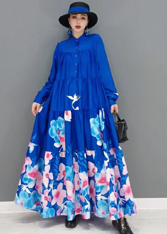 Formal Long Sleeves Sheath DressModern Blue Stand Collar Print Exra Large Hem Cotton A Line Dress Long Sleeve